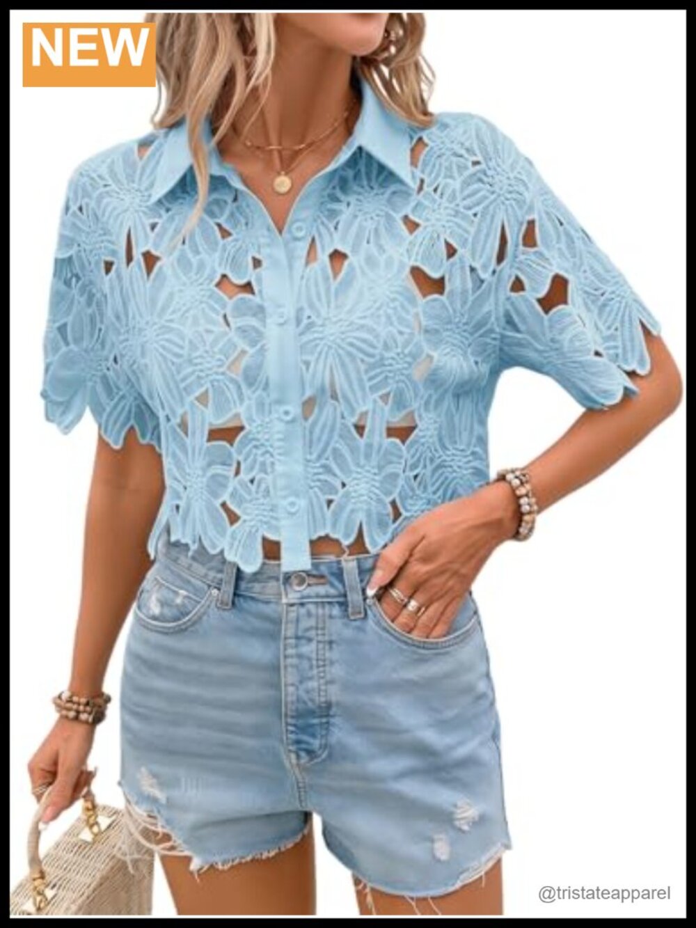 Women's Lace Crop Top Sheer Button-Up Blouse Short Sleeve